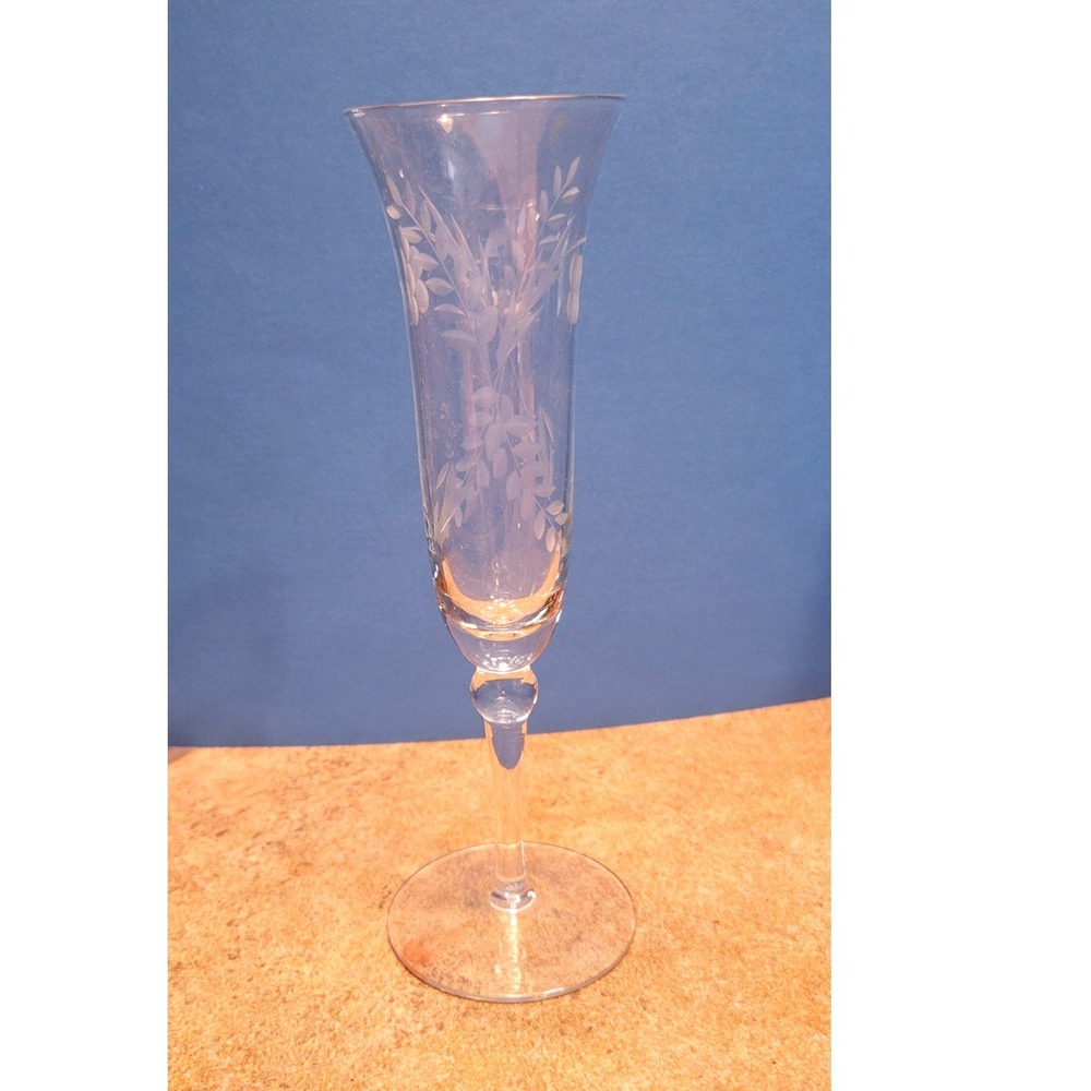 Danube Colony Vintage Etched Floral Champagne Flute Trumpet Stemware 8.5 Inch